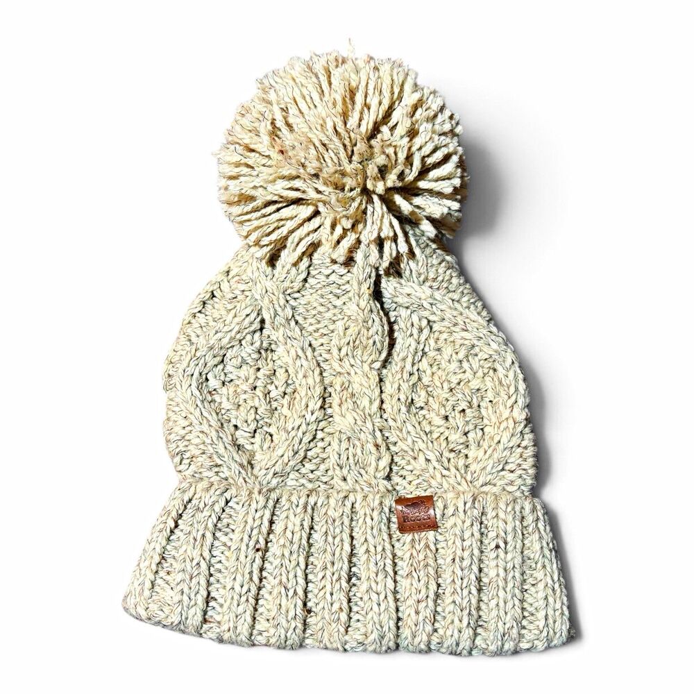 Roots Canada Women’s Beige Knit Cable Beanie Hat with Pom Pom One Size